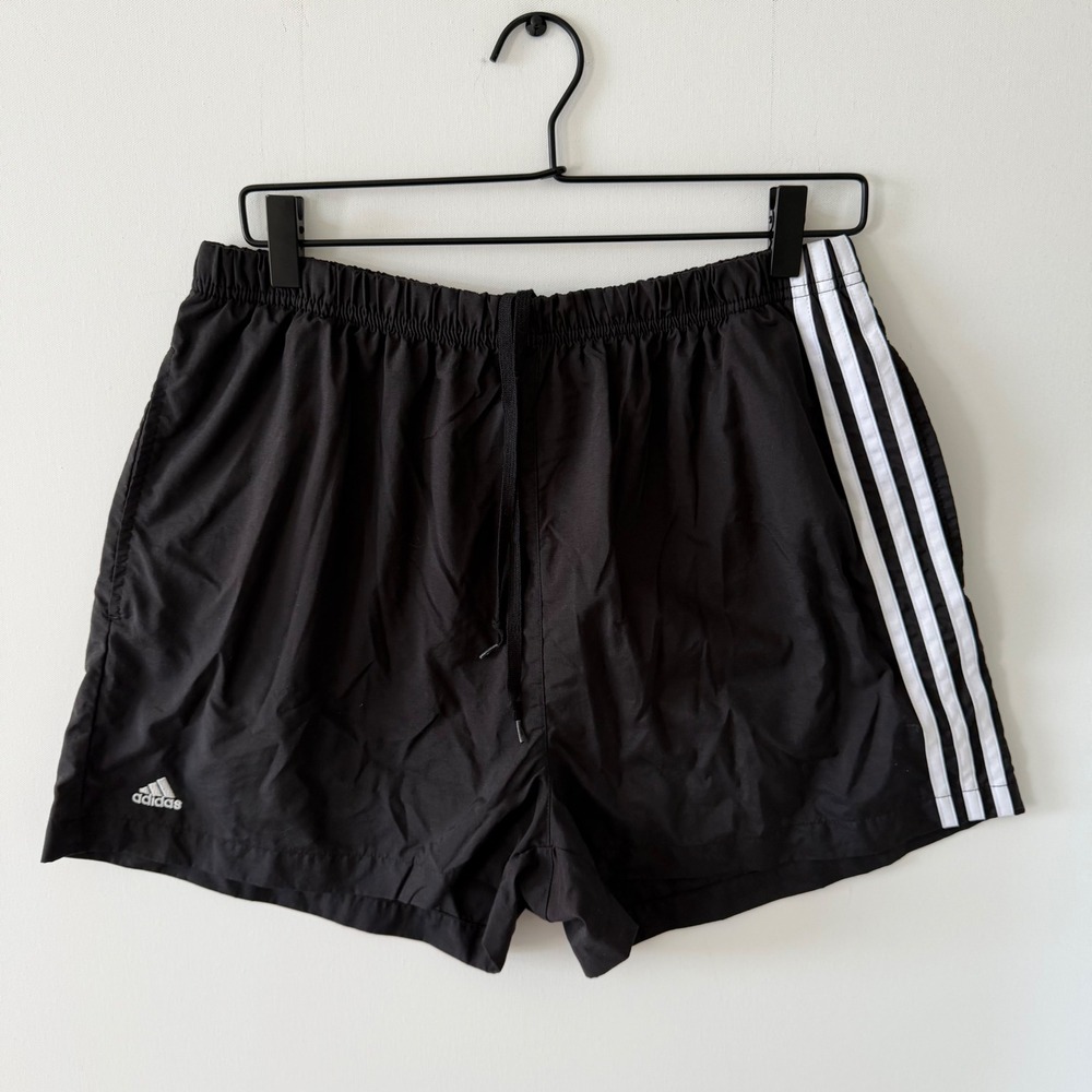 Adidas Womens Black Nylon 3-Stripe Athletic Shorts Size L Drawstring Y2K 00's